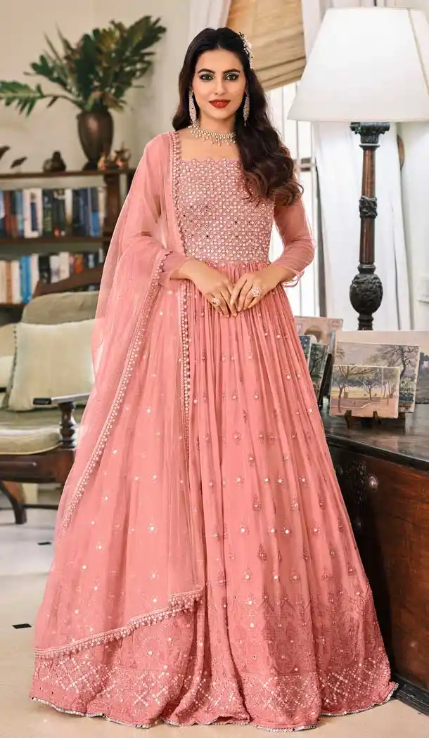 Peach Color Fox Georgette Pakistani Style Long Anarkali Salwar Kameez -3573148171