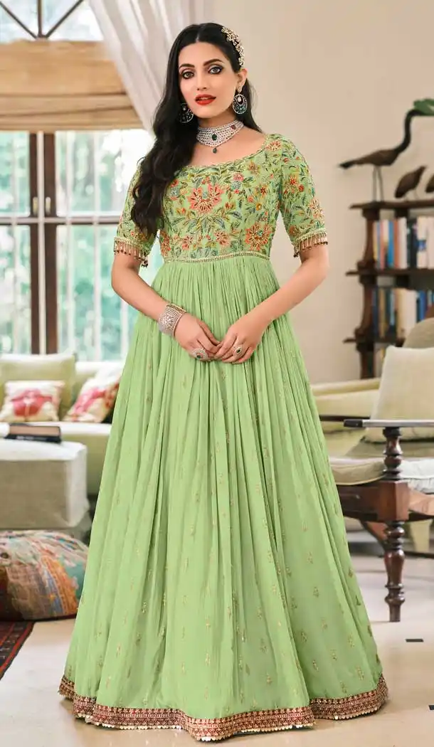 Pista Green Color Fox Georgette Pakistani Style Long Anarkali Salwar Kameez -3573148172