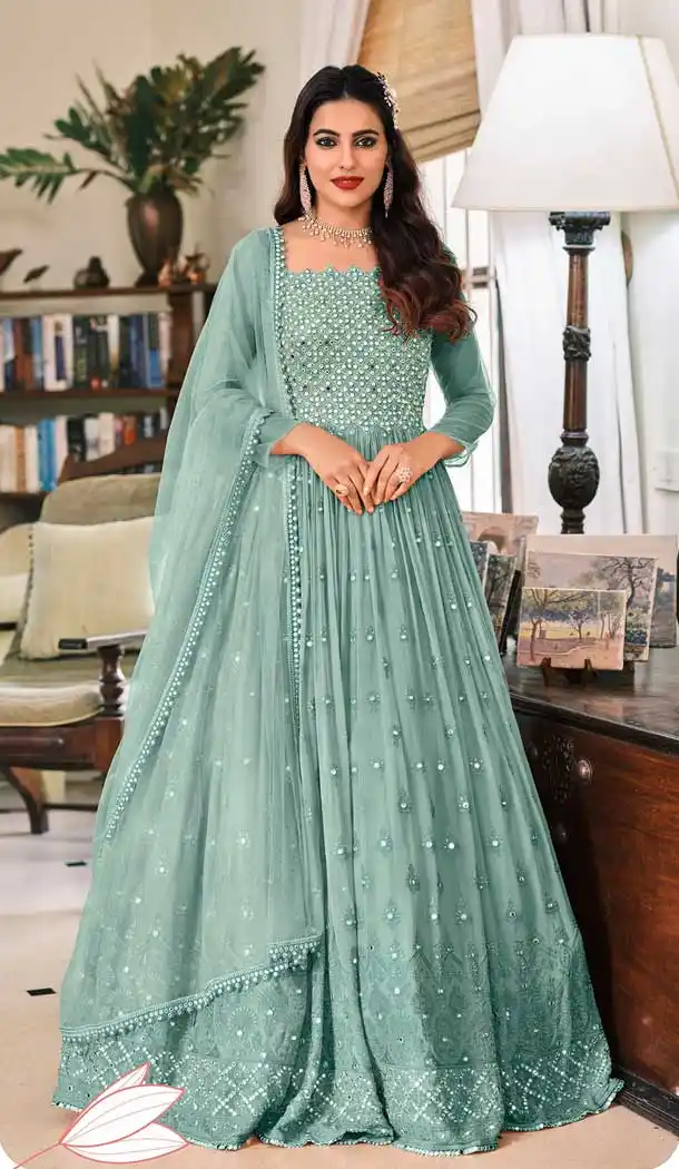 Grey Color Fox Georgette Pakistani Style Long Anarkali Salwar Kameez -3573148173