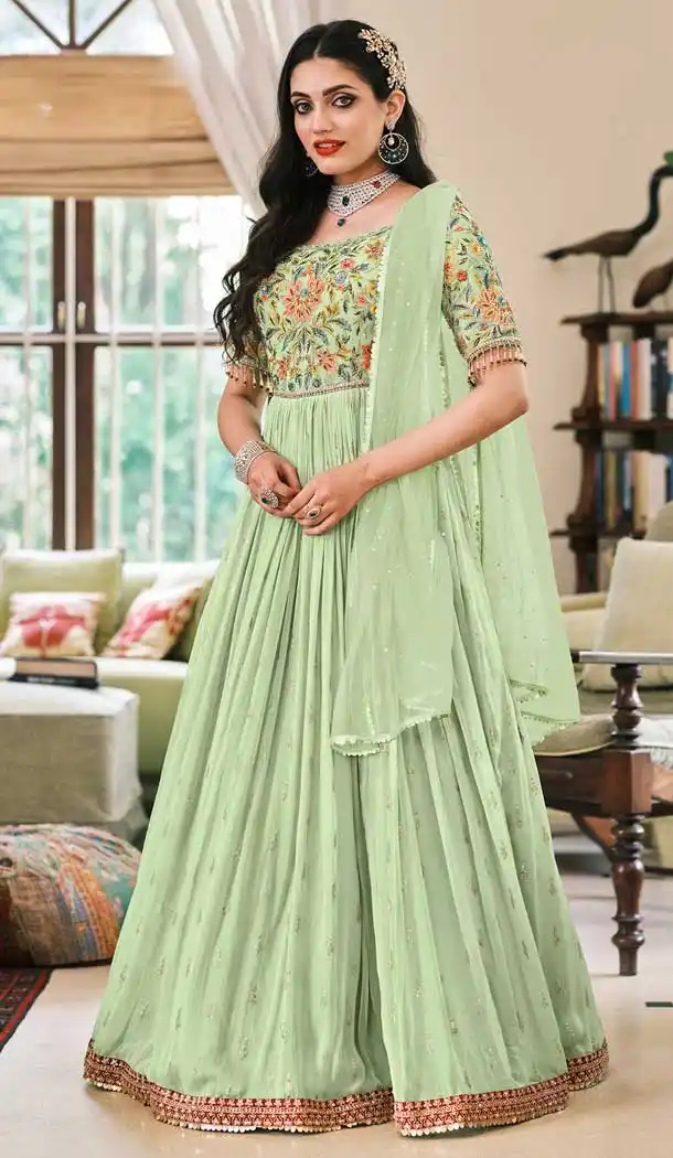 Elegance Green Color Fox Georgette Pakistani Style Long Anarkali Salwar Kameez -3573148174
