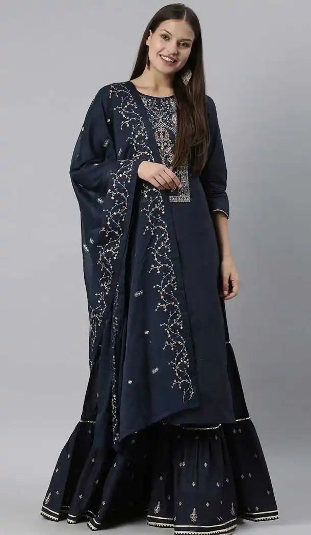 Navy Blue Color Pure Cotton Party Wear Readymade Sharara Style Suit -3592148306