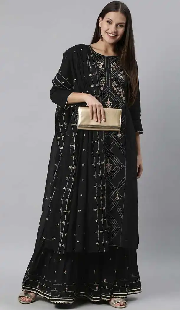 Black Color Pure Cotton Party Wear Readymade Sharara Style Suit -3592148307