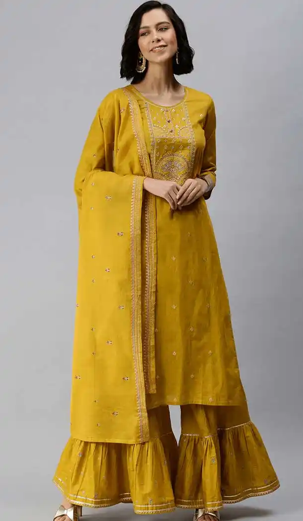 Yellow Color Pure Cotton Party Wear Readymade Sharara Style Suit -3592148308