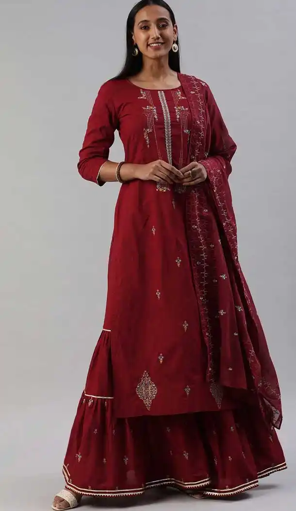 Maroon Color Pure Cotton Party Wear Readymade Sharara Style Suit -3592148309