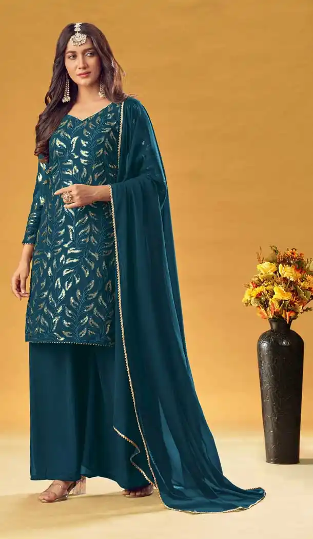 Teal Color Pure Fox Georgette Designer Party Wear Women Palazzo Suit -3601148339