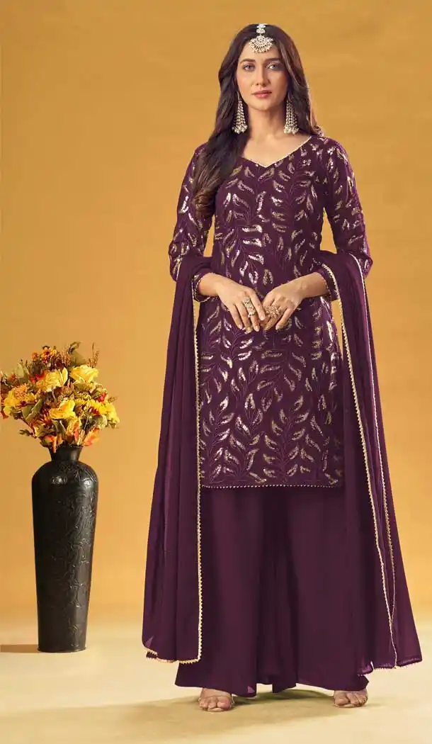 Wine Color Pure Fox Georgette Designer Party Wear Women Palazzo Suit -3601148340
