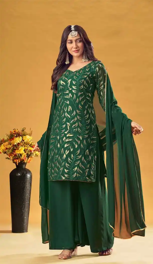 Green Color Pure Fox Georgette Designer Party Wear Women Palazzo Suit -3601148341