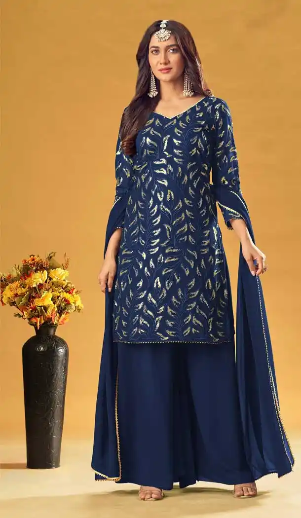 Navy Blue Color Pure Fox Georgette Designer Party Wear Women Palazzo Suit -3601148342