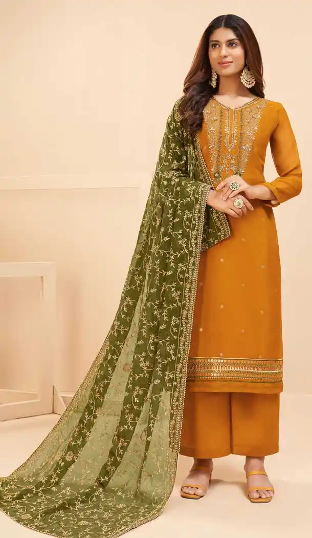 Mustard Yellow Color Georgette Designer Party Wear Women Palazzo Suit -3602148343