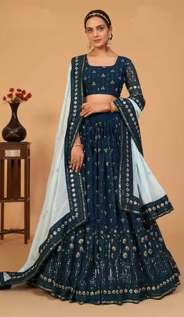 Teal Blue Color Georgette Embroidery Designer Wear Lehenga Choli -3603148347