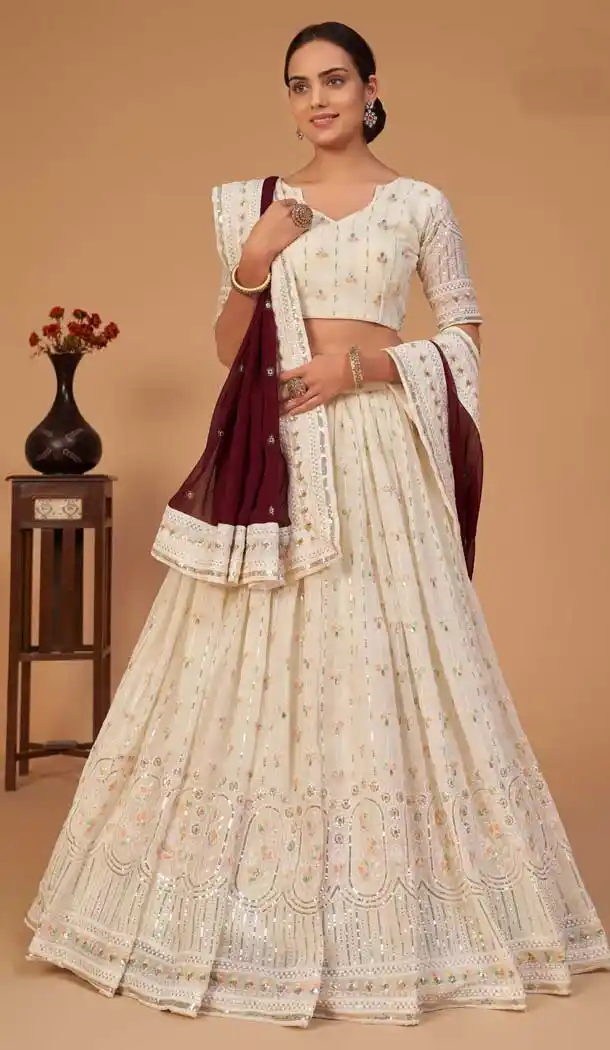 Off White Color Georgette Embroidery Designer Wear Lehenga Choli -3603148348