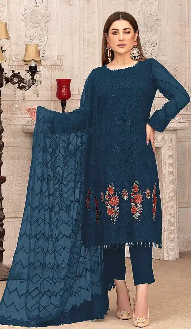 Teal Blue Color Georgette Embroidery Evening Party Wear Salwar Kameez -3618148460