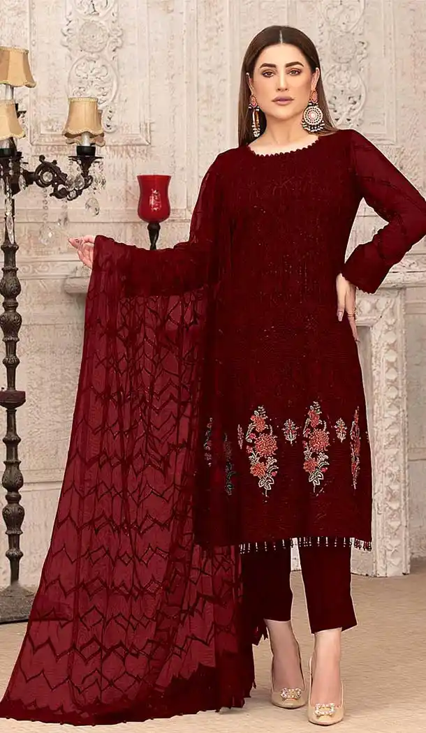 Maroon Color Georgette Embroidery Evening Party Wear Salwar Kameez -3618148461