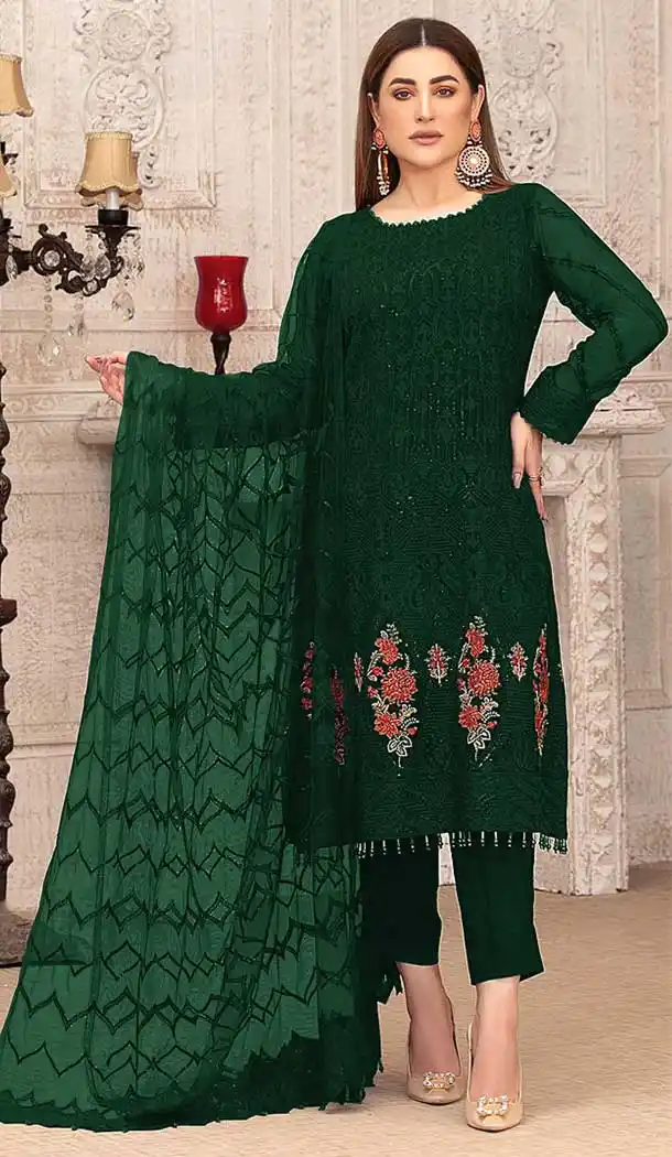 Dark Green Color Georgette Embroidery Evening Party Wear Salwar Kameez -3618148462