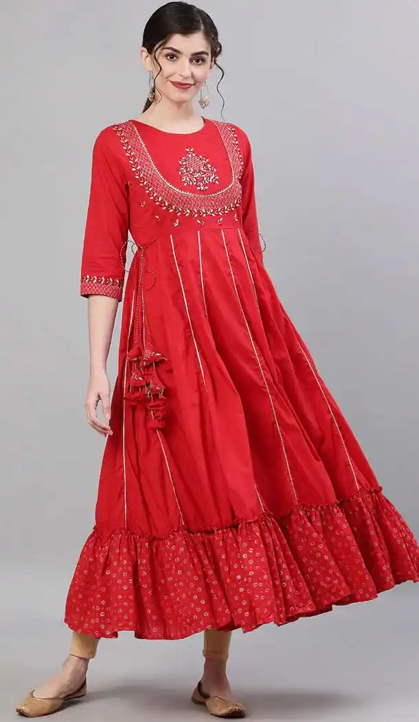 Red Color Viscose Rayon Embroidery Designer Readymade Kurtis -3620148480