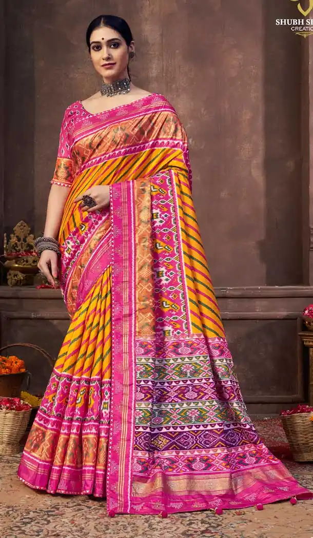 Stylish Multi Color Dola Silk Treditional Wear Patoal Style Saree Blouse -3627148531