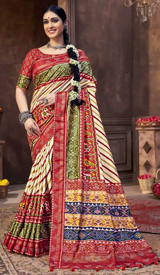 Gorgeous Multi Color Dola Silk Treditional Wear Patoal Style Saree Blouse -3627148534