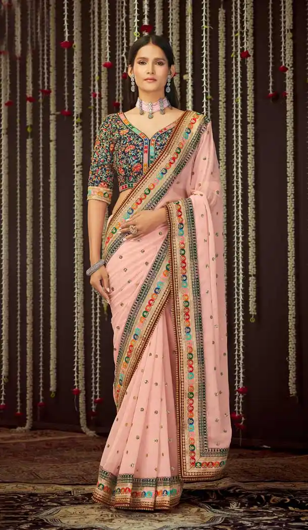 Peach Color Georgette Designer Party Wear Fancy Women Saree Blouse -3641148640