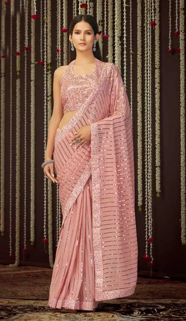 Baby Pink Color Georgette Designer Party Wear Fancy Women Saree Blouse -3641148642