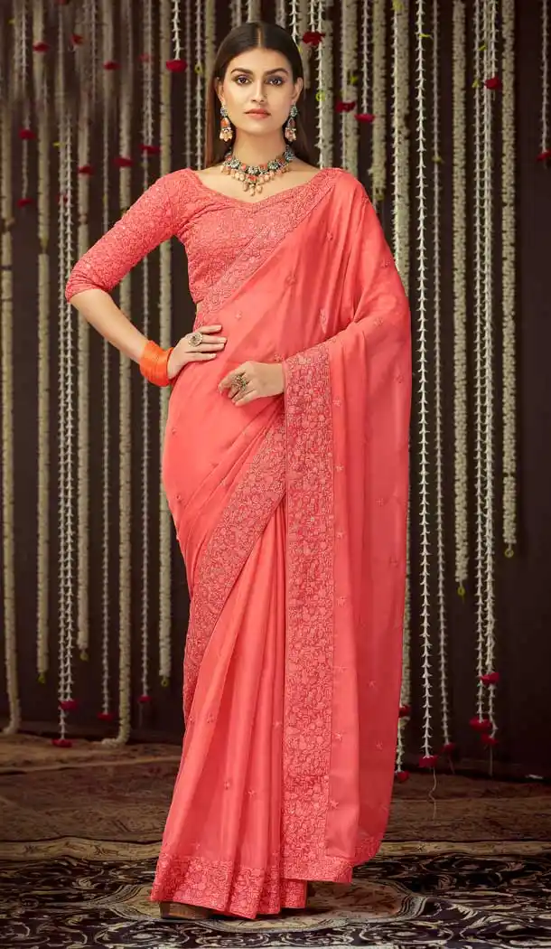 Gajar Pink Color Organza Designer Party Wear Fancy Women Saree Blouse -3641148643