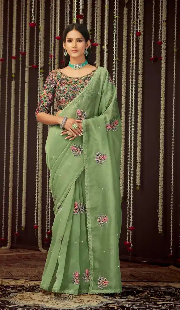 Green Color Organza Designer Party Wear Fancy Women Saree Blouse -3641148644
