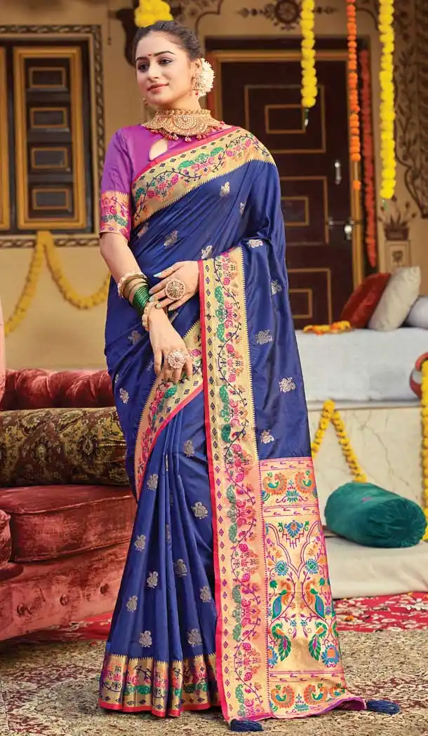 Blue Color Paithani Silk Traditional Party Wear Saree Blouse -3653148721