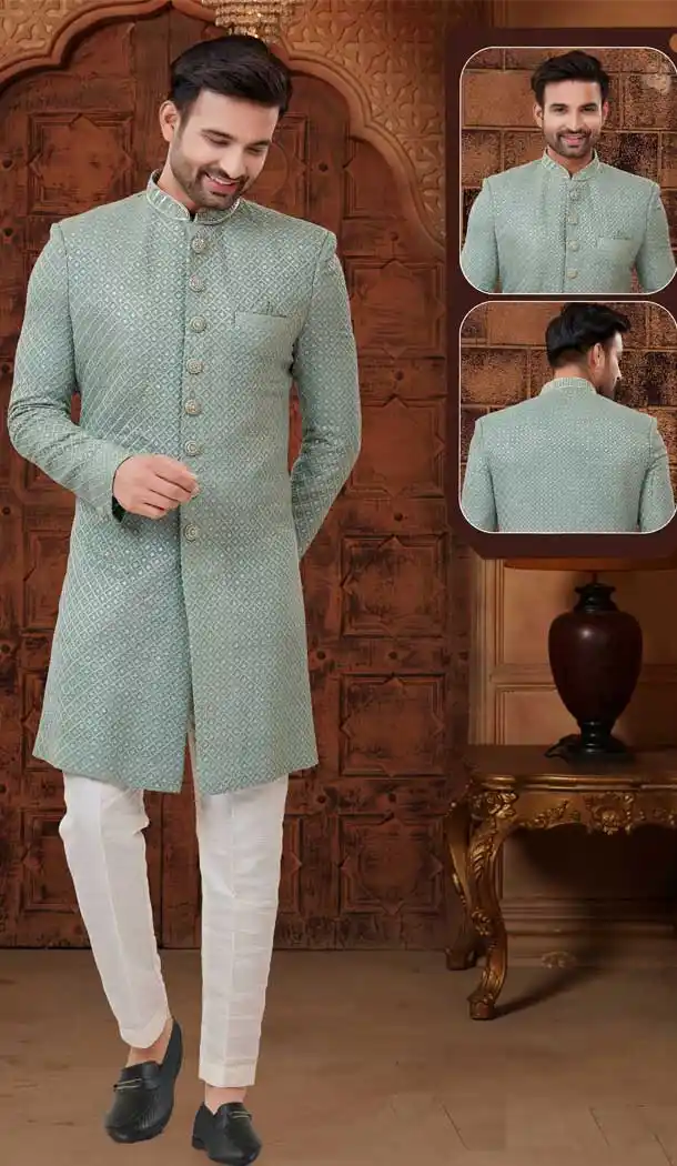 Pastel Green Color Georgette Designer Festival Wear Men's Kurta Pajama -3670148839