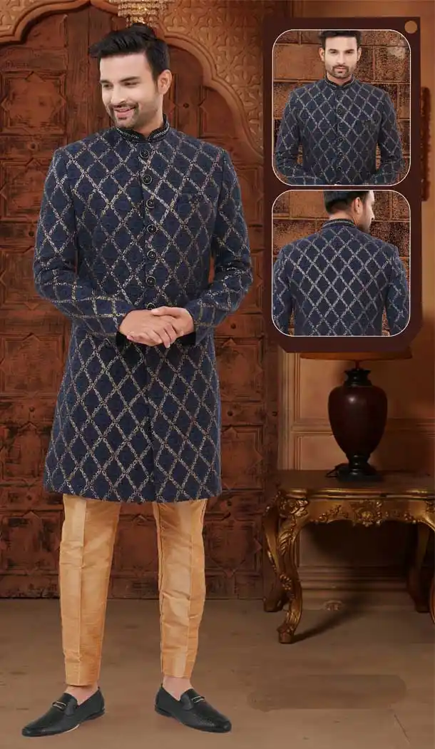 Navy Blue Color Lucknowie Fabric Designer Festival Wear Men's Kurta Pajama -3670148840