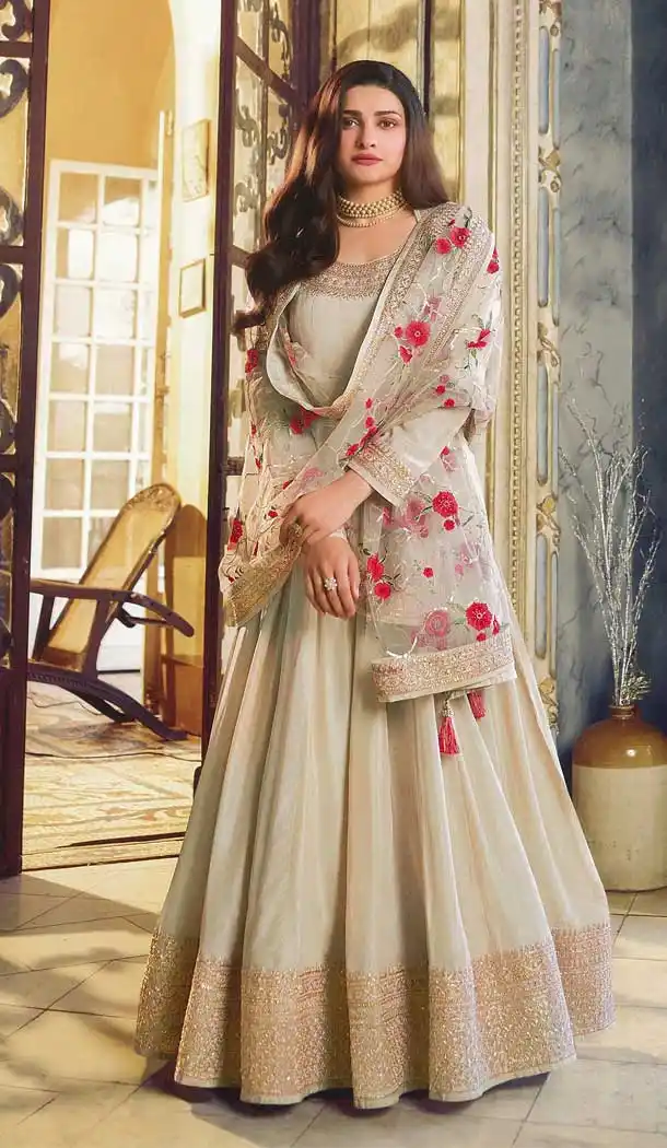 Beige Color Dola Silk Party Wear Long Anarkali Style Salwar Kameez -3571148157