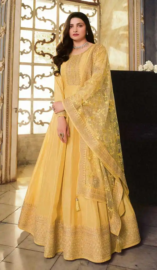 Yellow Color Dola Silk Party Wear Long Anarkali Style Salwar Kameez -3571148159