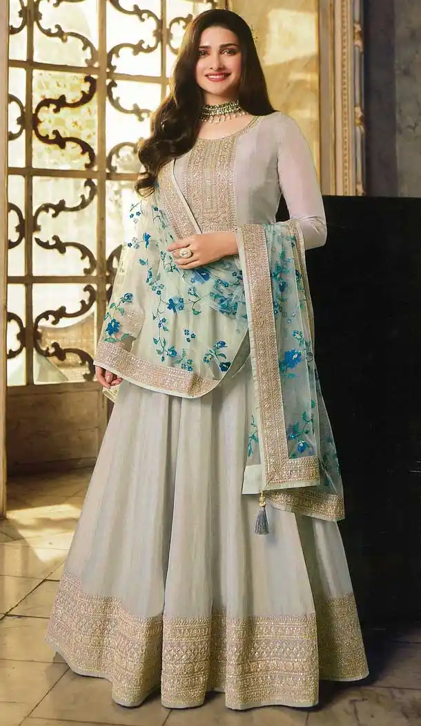 Off White Color Dola Silk Party Wear Long Anarkali Style Salwar Kameez -3571148162