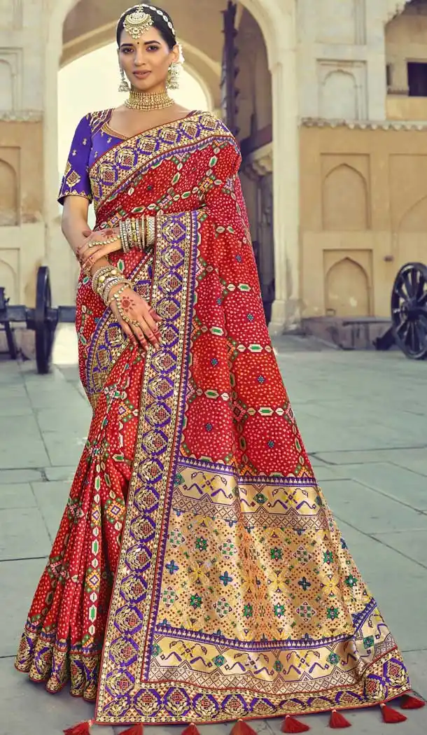 Red and Blue Color Patola Pure Silk Designer Bridal Wear Patola Saree Blouse -3590148294