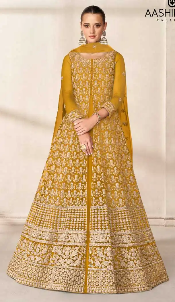 Yellow Color Butterfly Net Designer Pakistani Style Long Salwar Kameez -3676148957