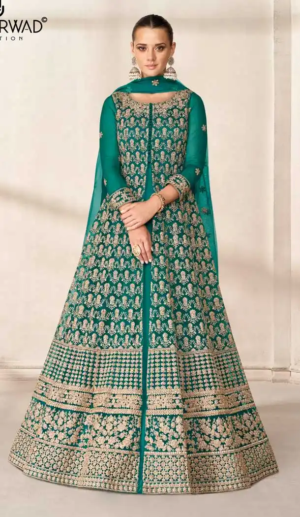 Rama Green Color Butterfly Net Designer Pakistani Style Long Salwar Kameez -3676148958