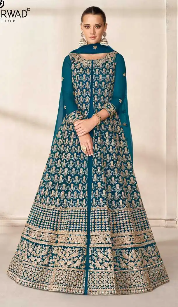 Teal Color Butterfly Net Designer Pakistani Style Long Salwar Kameez -3676148960
