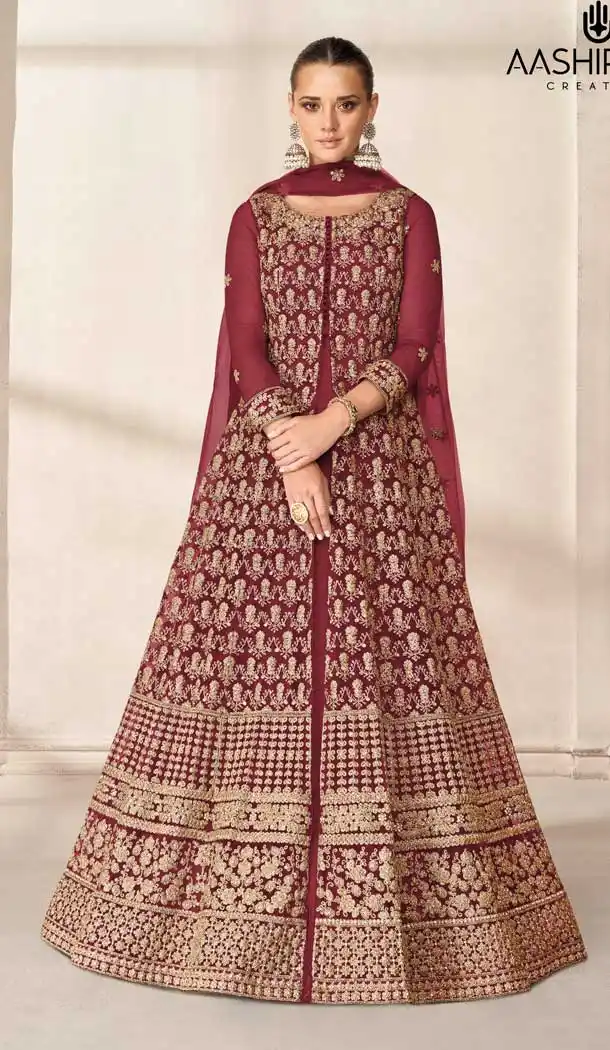 Maroon Color Butterfly Net Designer Pakistani Style Long Salwar Kameez -3676148961