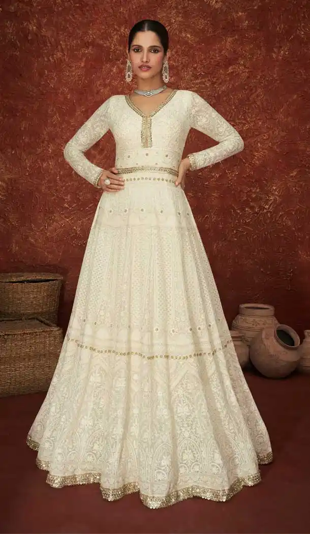 White Color Fox Georgette Designer Party Wear Long Anarkali Salwar Kameez -3697149090