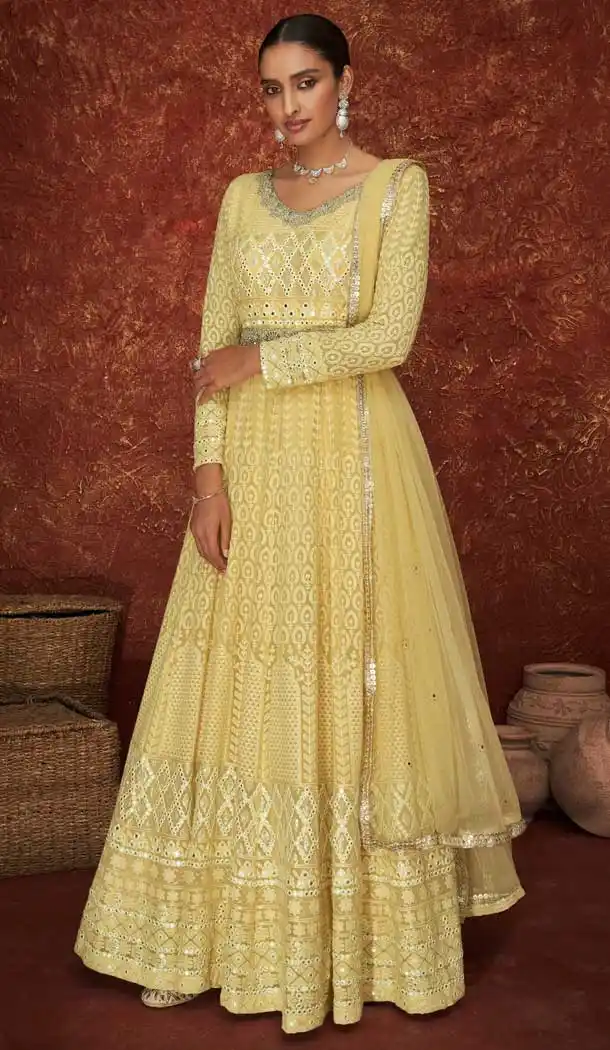 Yellow Color Fox Georgette Designer Party Wear Long Anarkali Salwar Kameez -3697149091