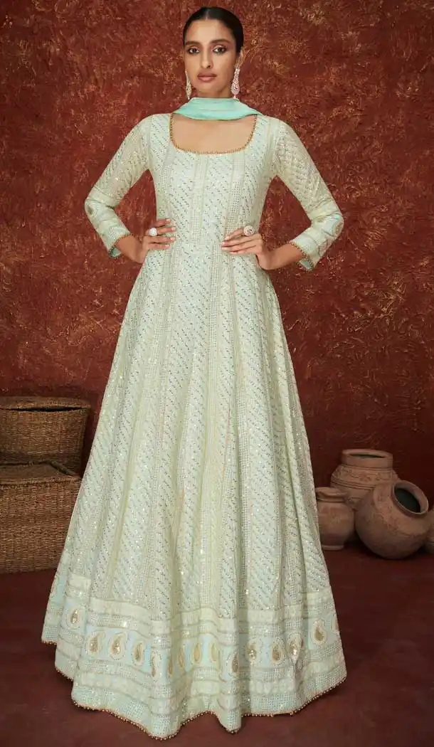 Mint Green Color Fox Georgette Designer Party Wear Long Anarkali Salwar Kameez -3697149092