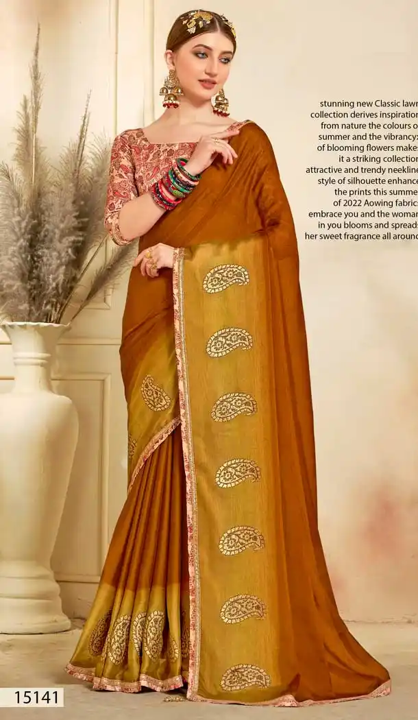 Coffee Color Moss Chiffon Casual Wear Plus Size Women Saree Blouse -3698149093
