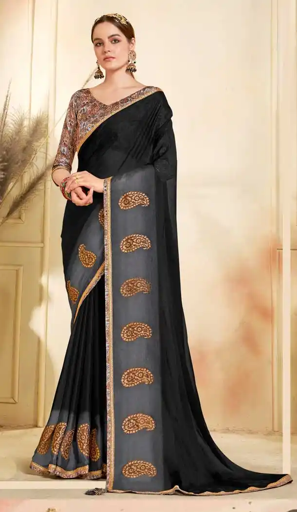 Black Color Moss Chiffon Casual Wear Plus Size Women Saree Blouse -3698149094
