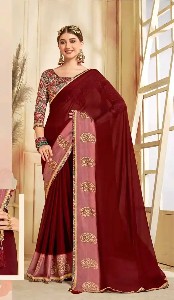 Maroon Color Moss Chiffon Casual Wear Plus Size Women Saree Blouse -3698149097