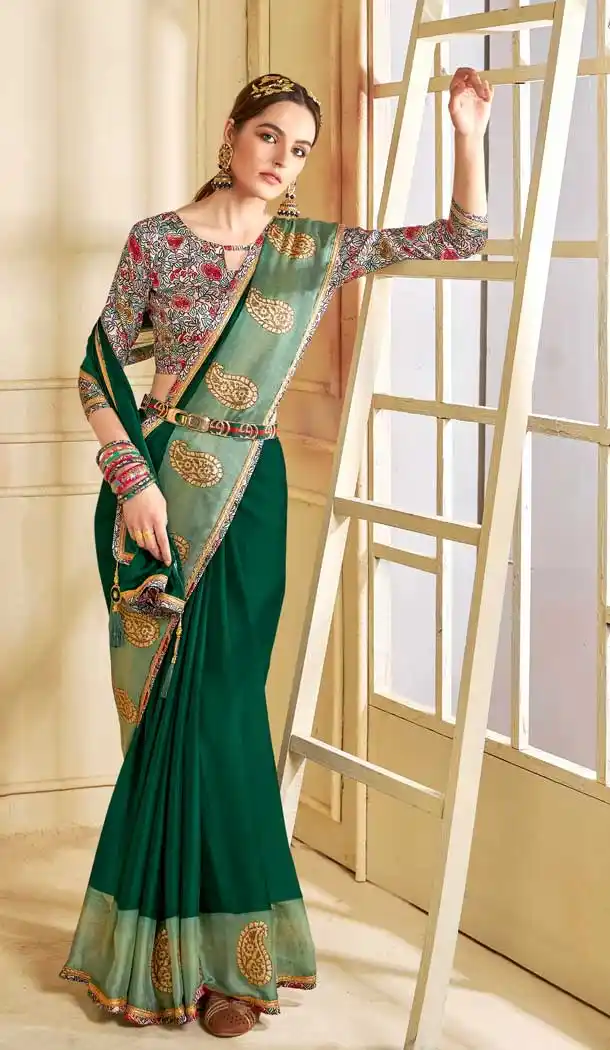 Green Color Moss Chiffon Casual Wear Plus Size Women Saree Blouse -3698149099