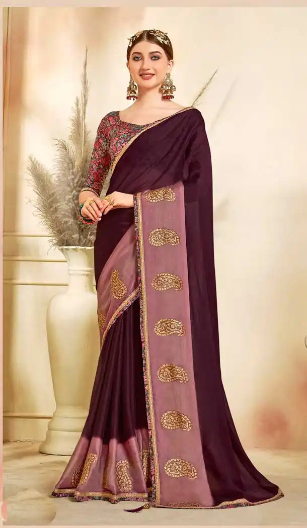 Wine Color Moss Chiffon Casual Wear Plus Size Women Saree Blouse -3698149100