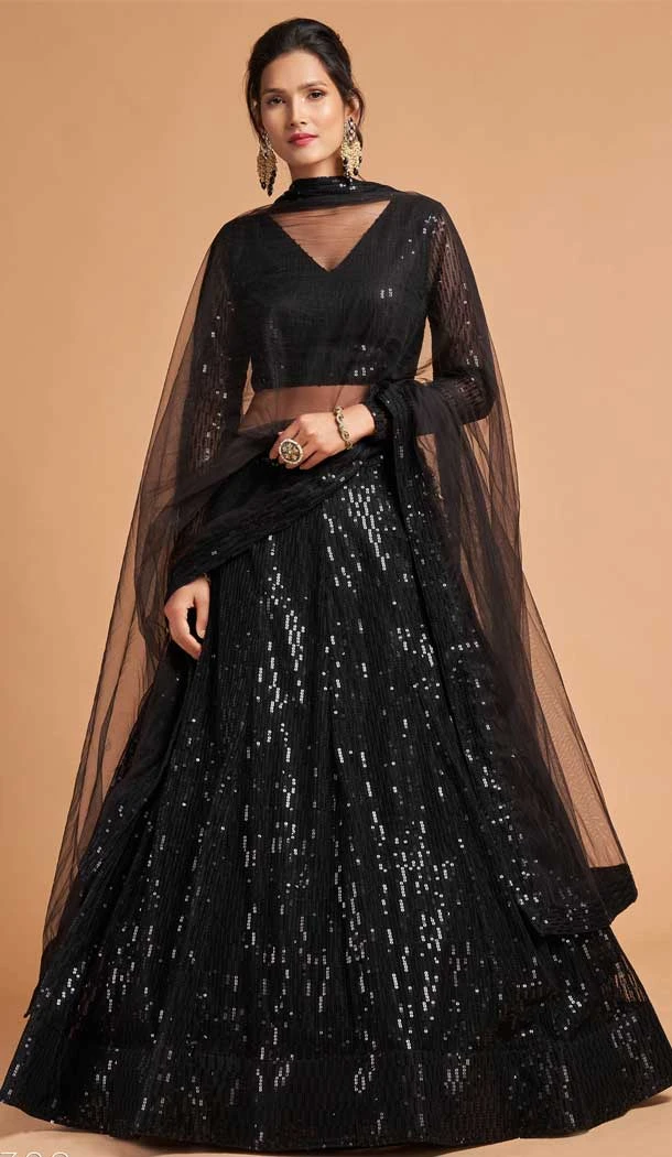 Dazzling Black Color Soft Net Fancy Festive Wear Plus Size Lehenga Choli - 3700149111