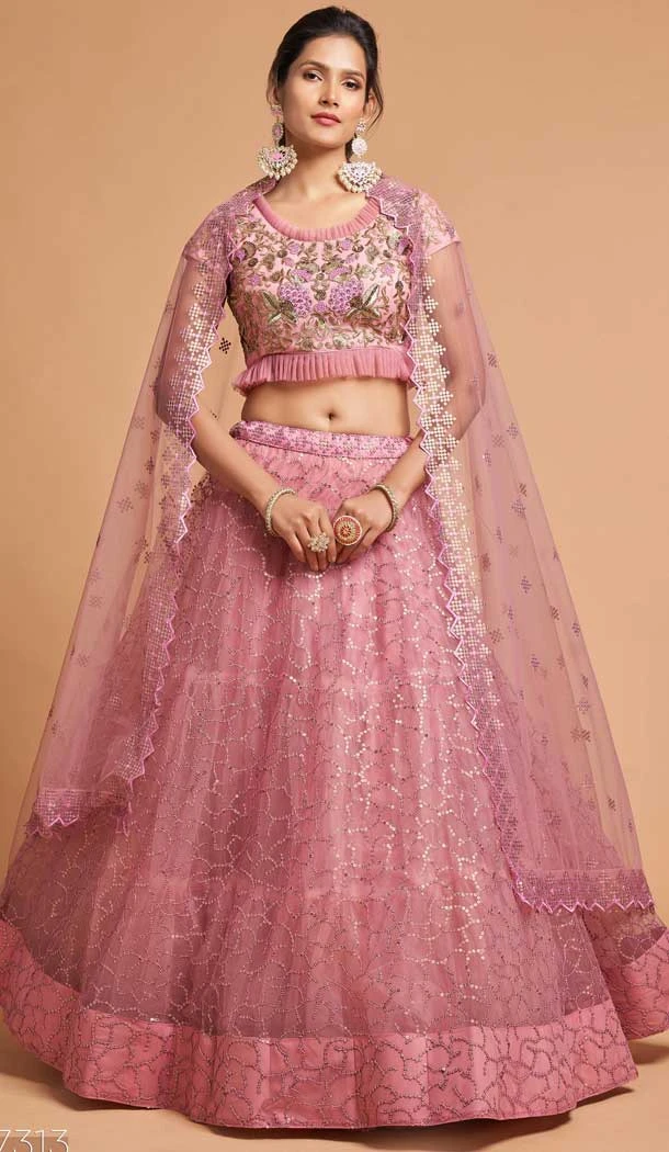 Rose Pink Color Soft Net Fancy Festive Wear Plus Size Lehenga Choli - 3700149116