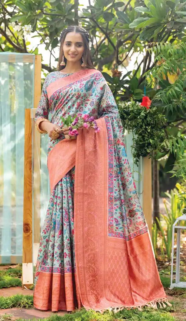 Light Blue Color Silk Digital Kashmiri Prints Designer Party Wear Saree - 3701149120