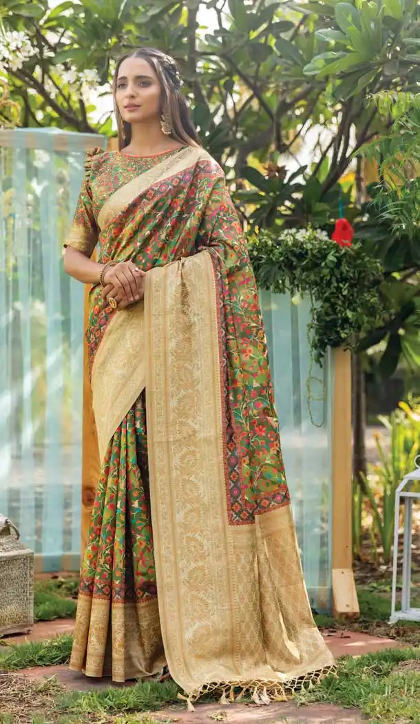 Green Color Silk Digital Kashmiri Prints Designer Party Wear Saree - 3701149122