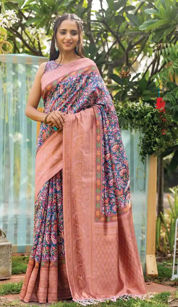 Teal Color Silk Digital Kashmiri Prints Designer Party Wear Saree - 3701149124