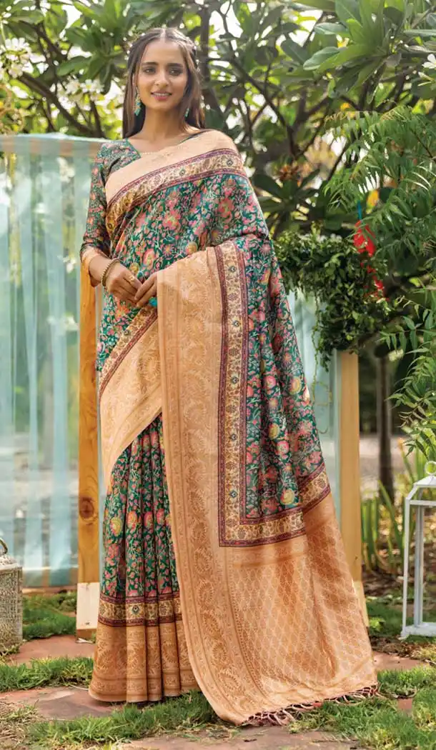 Sea Green Color Silk Digital Kashmiri Prints Designer Party Wear Saree - 3701149126